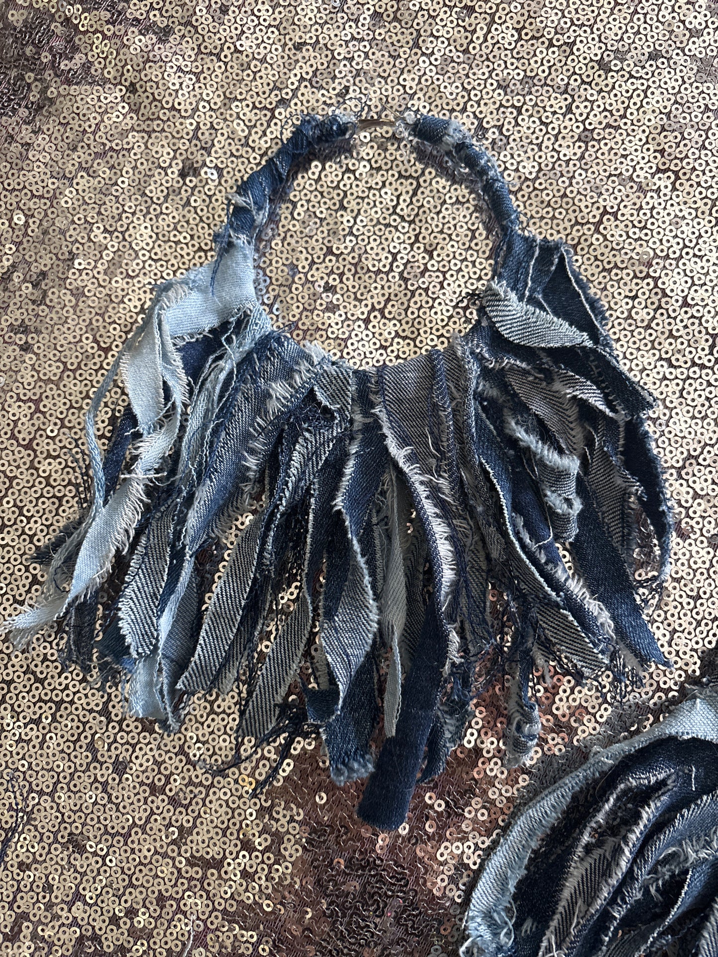 “Shredded Fringe” Oversize Denim Fan Earrings