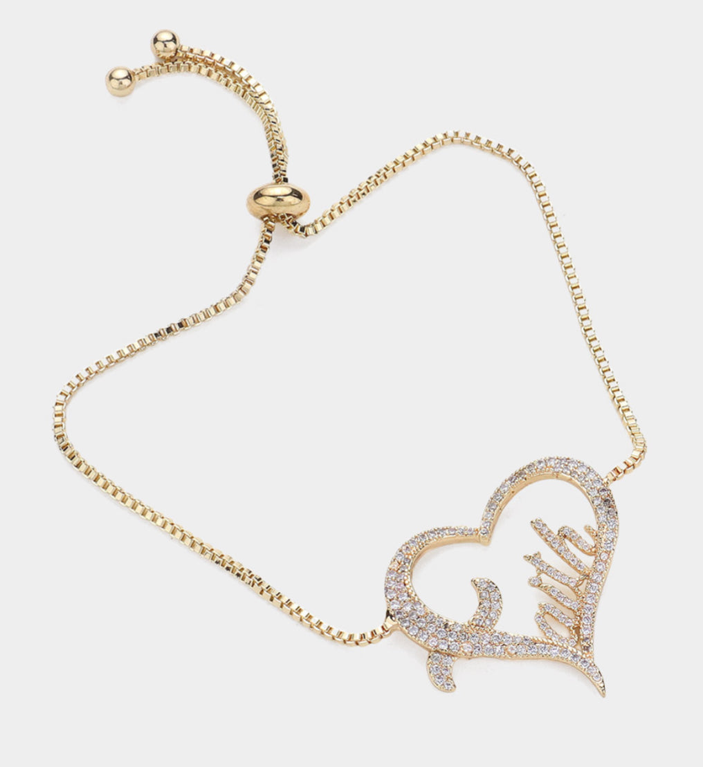 CZ Stone Paved FAITH Message Open Heart Pull Tie Bracelet