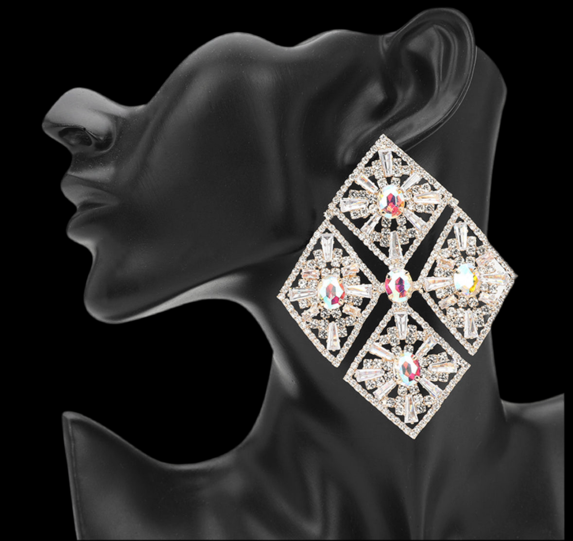 Oversized Glass Stone Embellished Diamond Frame Chandelier Evening Earrings
