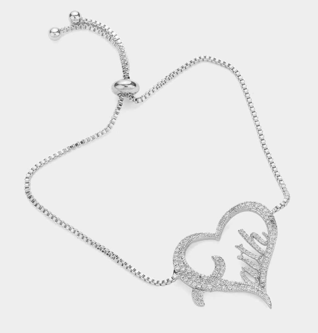 CZ Stone Paved FAITH Message Open Heart Pull Tie Bracelet