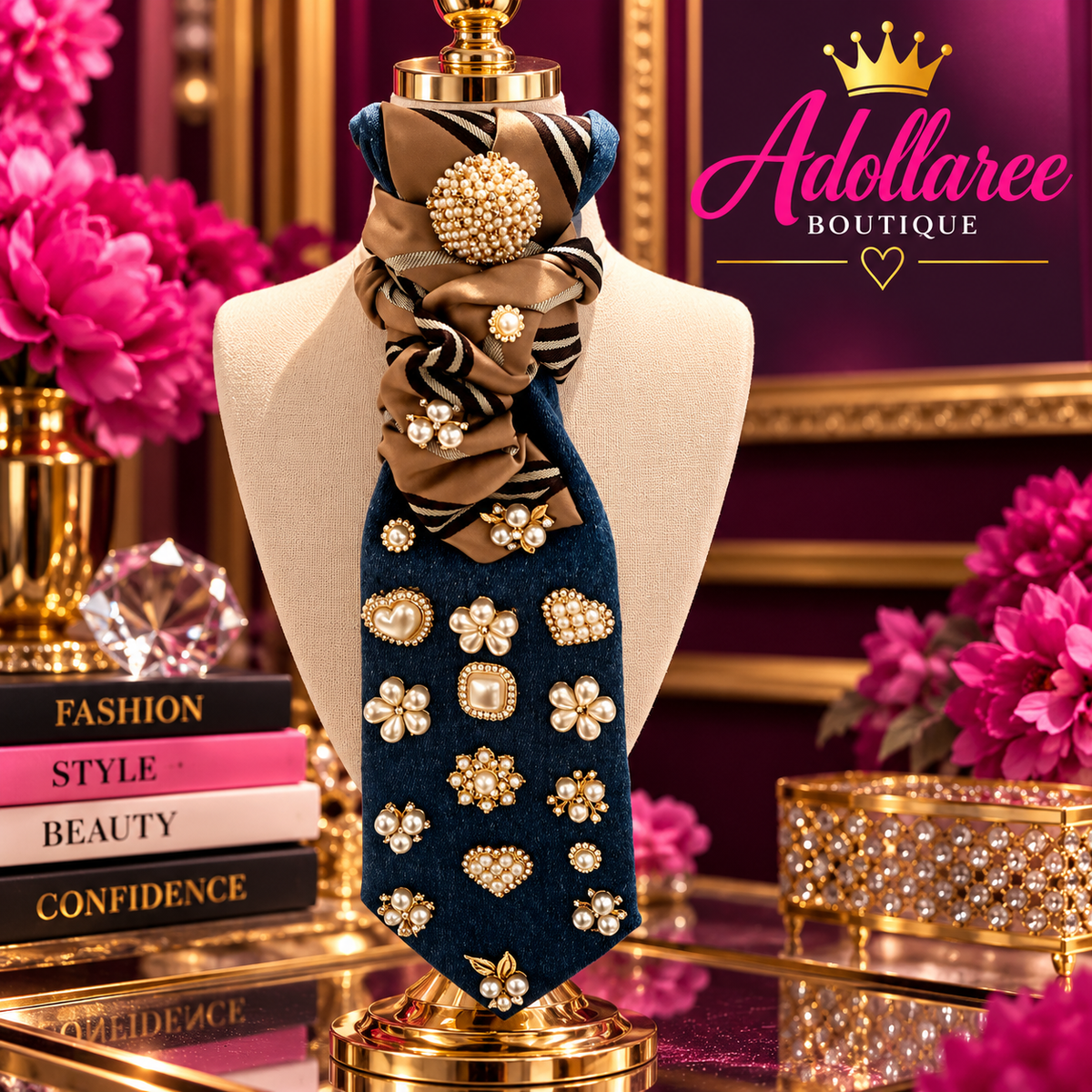 Pearl Heiress — Denim & Satin Statement Tie