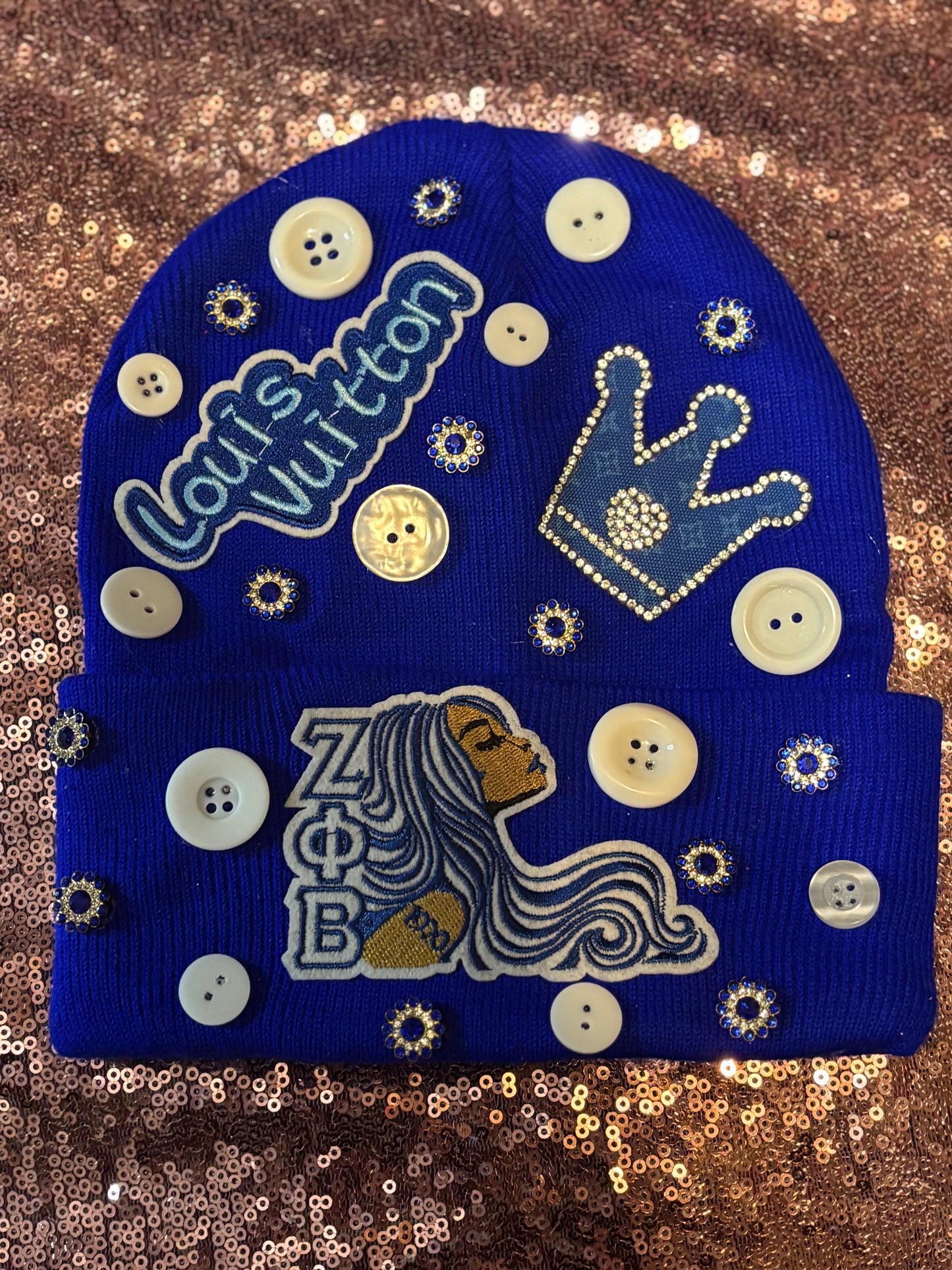 Royal Blue Diva Emblem Beanie – Button & Rhinestone Detail