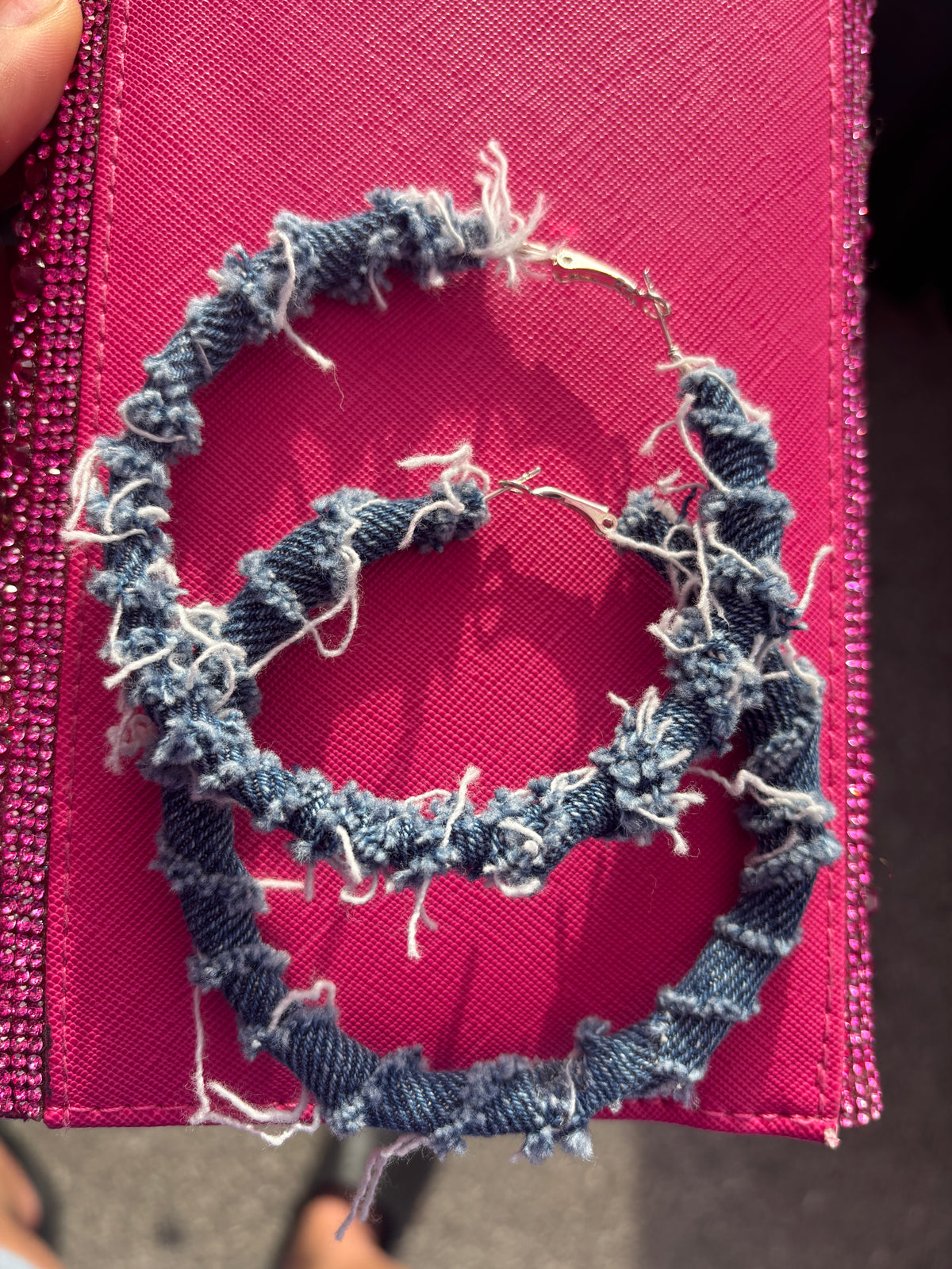 Raw-Edge Distressed Denim Hoop Earrings
