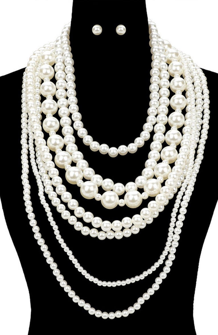 Chunky Pearl Beaded Multi Layered Statement Necklace