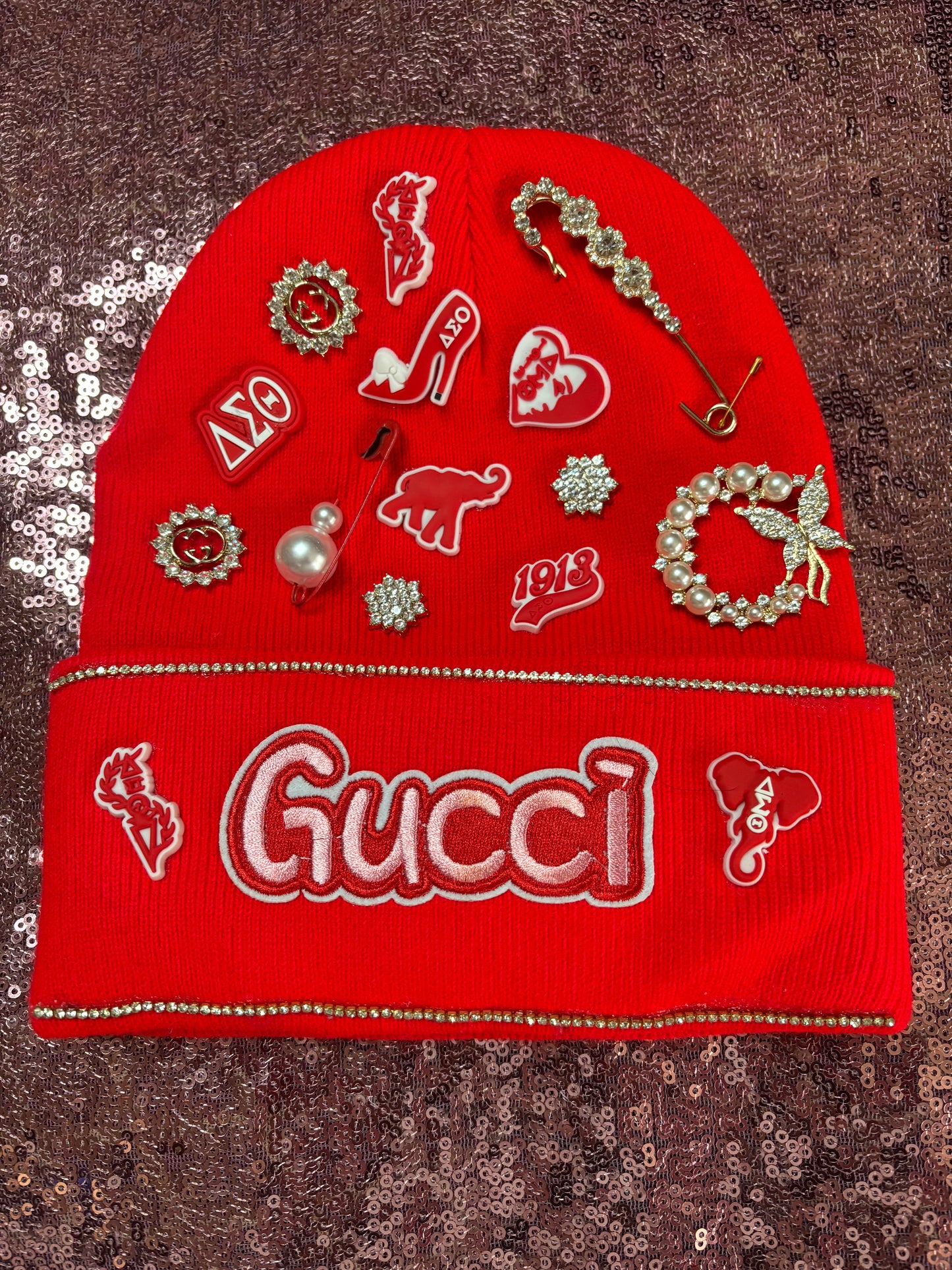 Red Luxe Gem & Patch Beanie – Elephant & Shield Accents