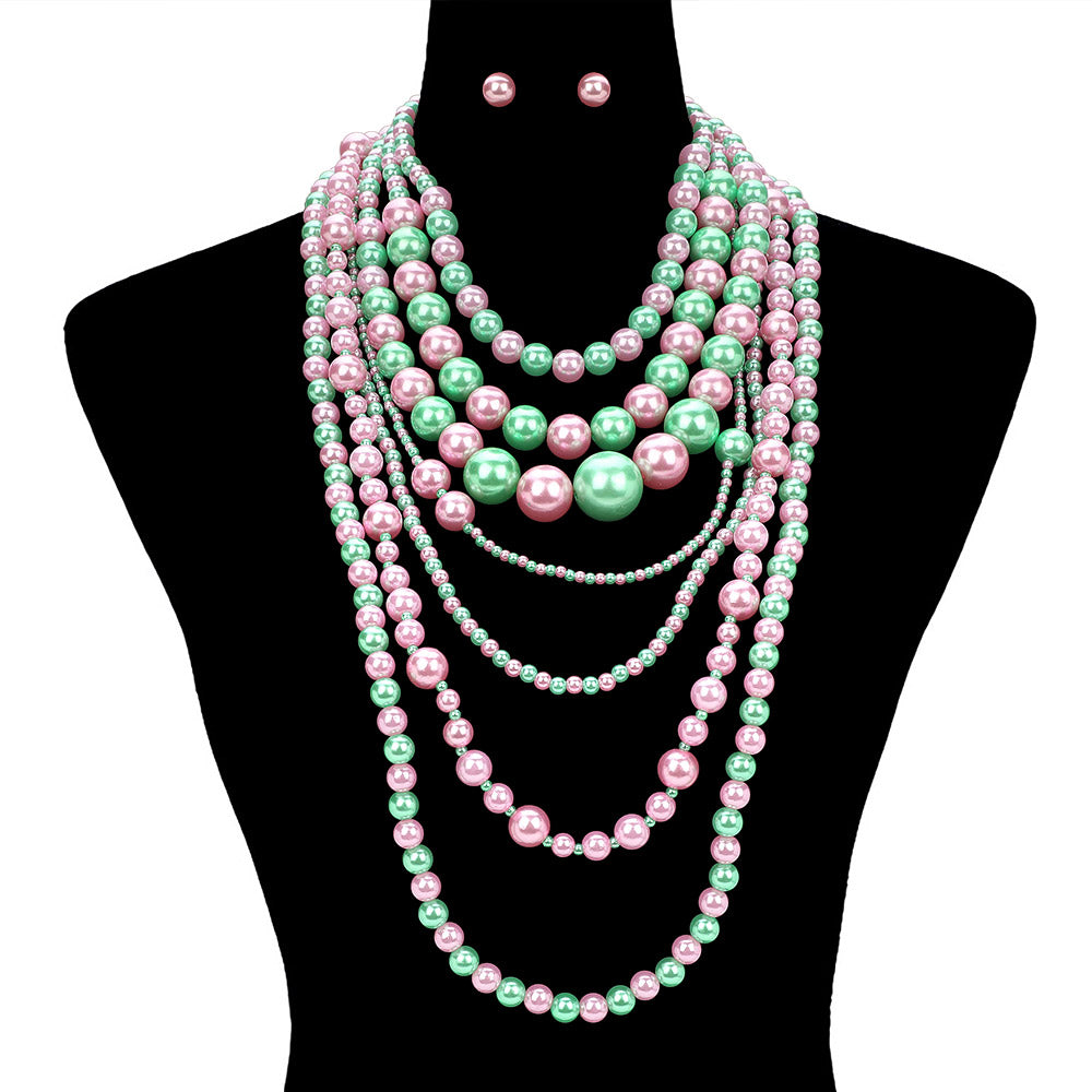Chunky Pearl Beaded Multi Layered Statement Necklace