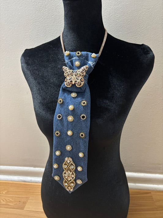 Golden Butterfly Denim Statement Tie