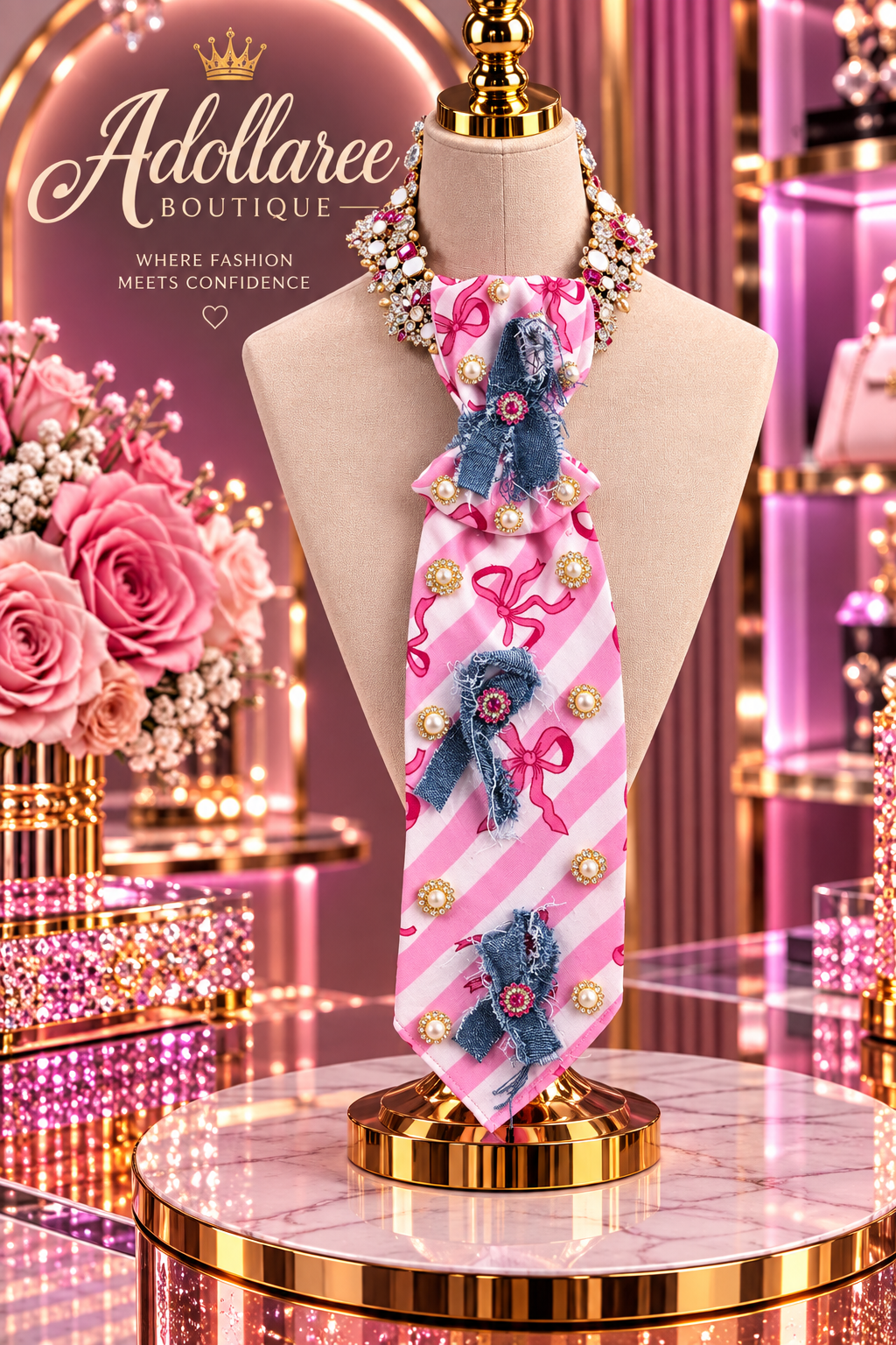 Pink Ribbon Denim Bow Glam Statement Tie