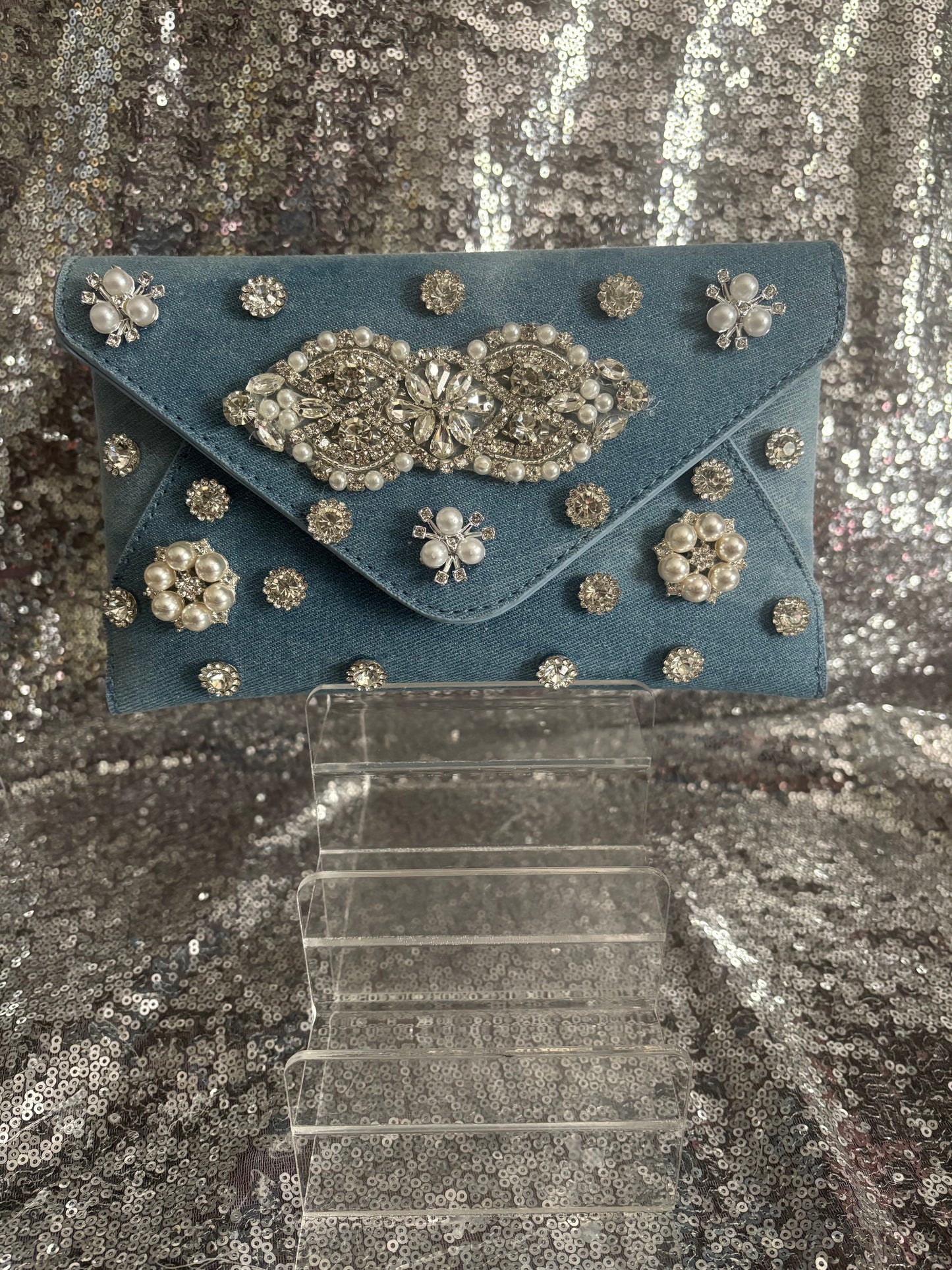 Heirloom Glam Denim Envelope Clutch – Silver Edition