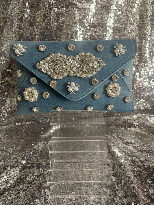 Heirloom Glam Denim Envelope Clutch – Silver Edition