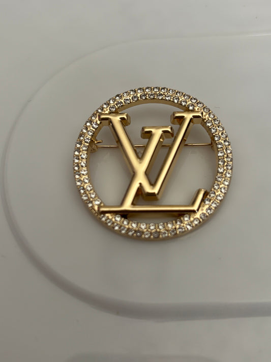 Golden Crystal LV Circle Brooch – Luxe Edition