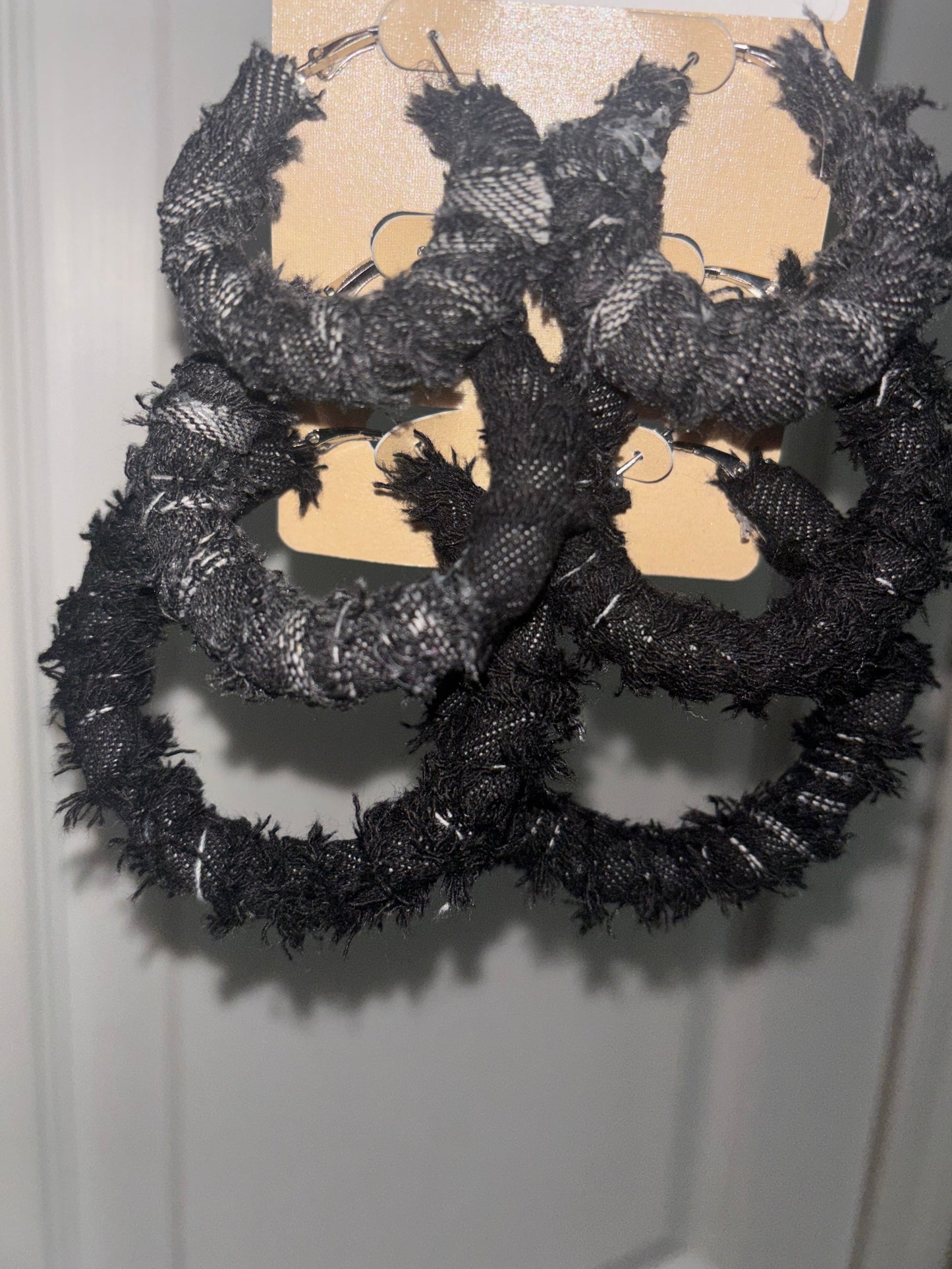 Black Distressed Denim Hoop Earrings