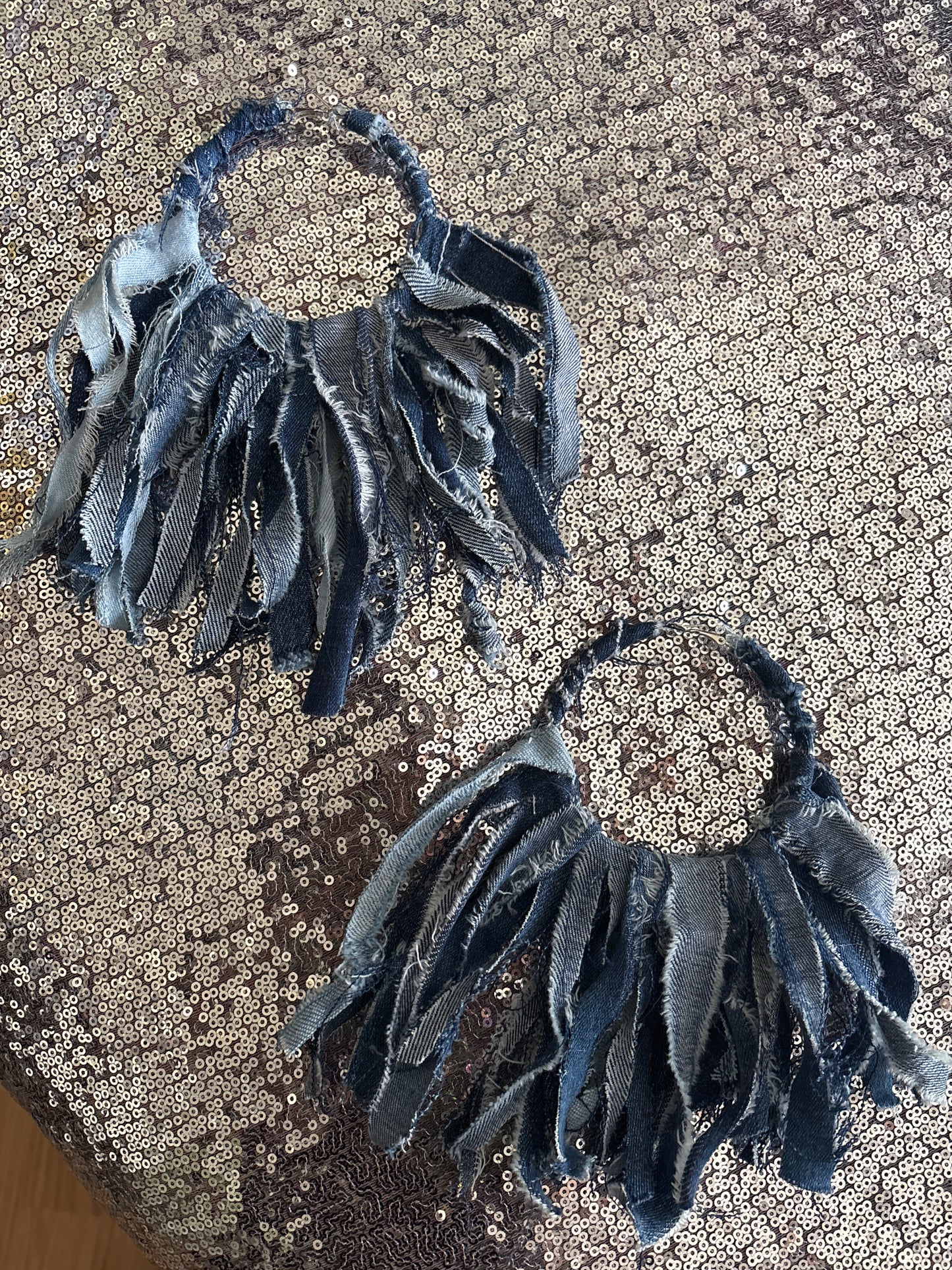 “Shredded Fringe” Oversize Denim Fan Earrings