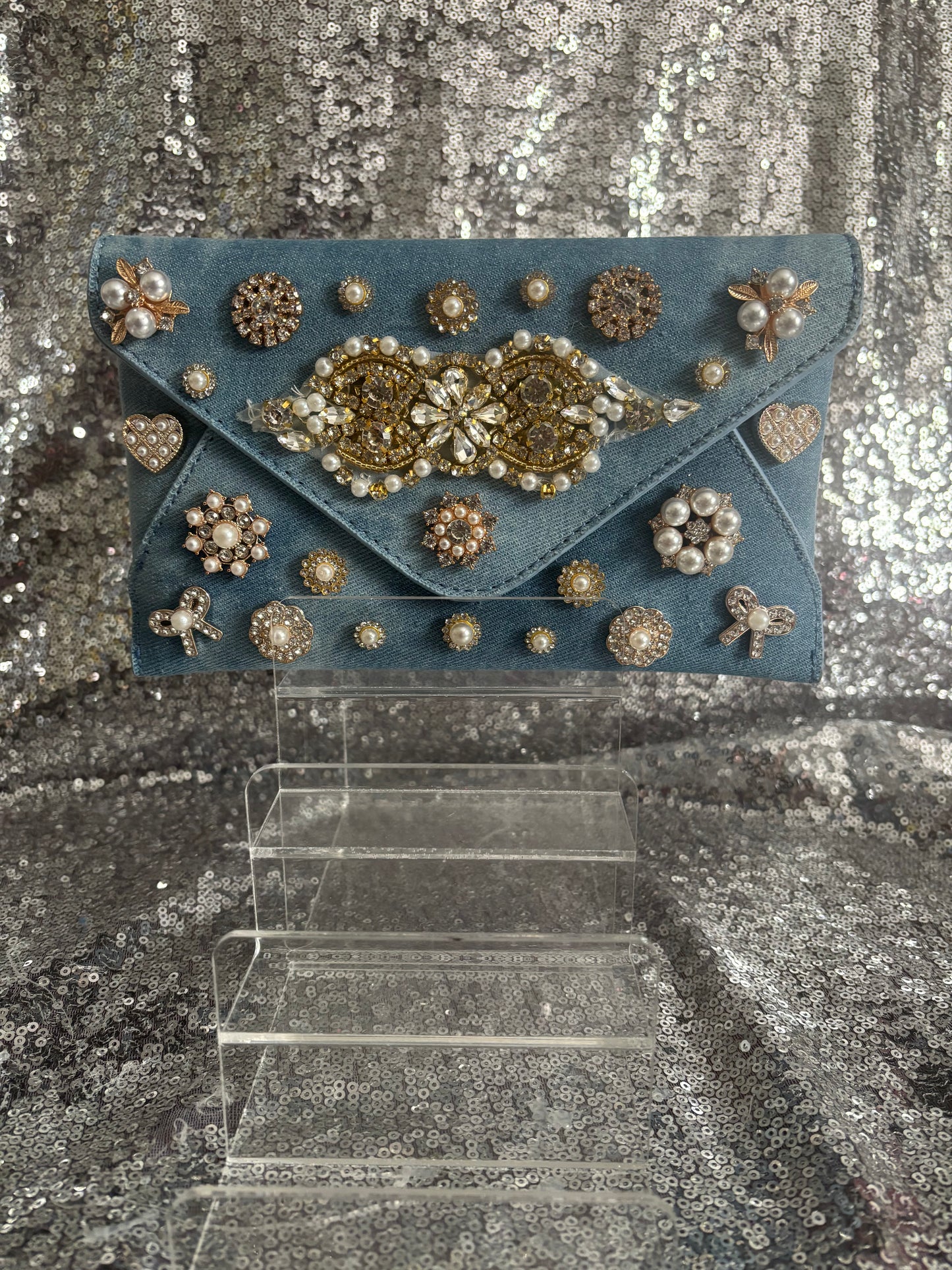 Heirloom Glam Denim Envelope Clutch – Gold Edition