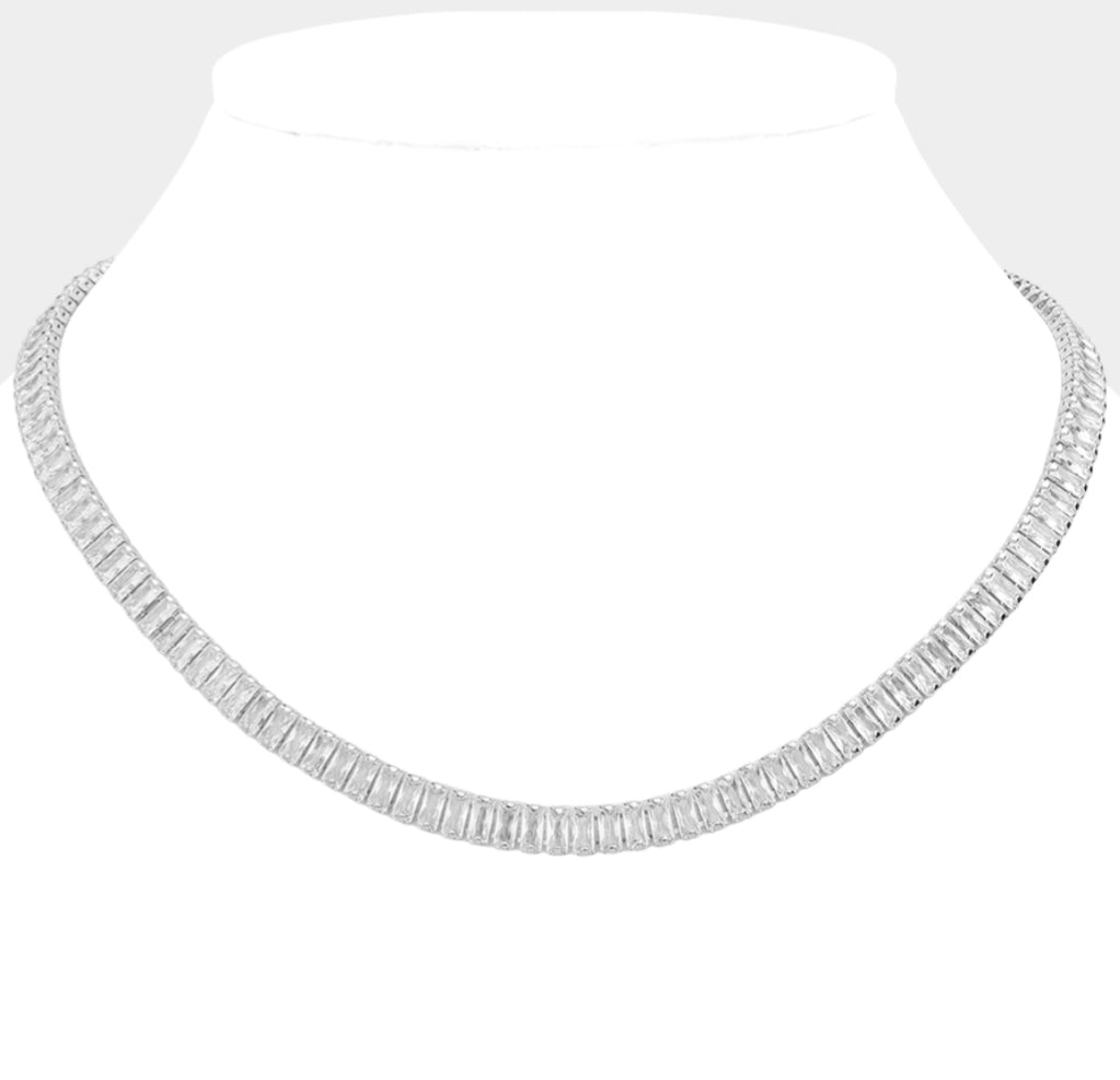 Stainless Steel Emerald Cut CZ Stone Tennis Chain Necklace