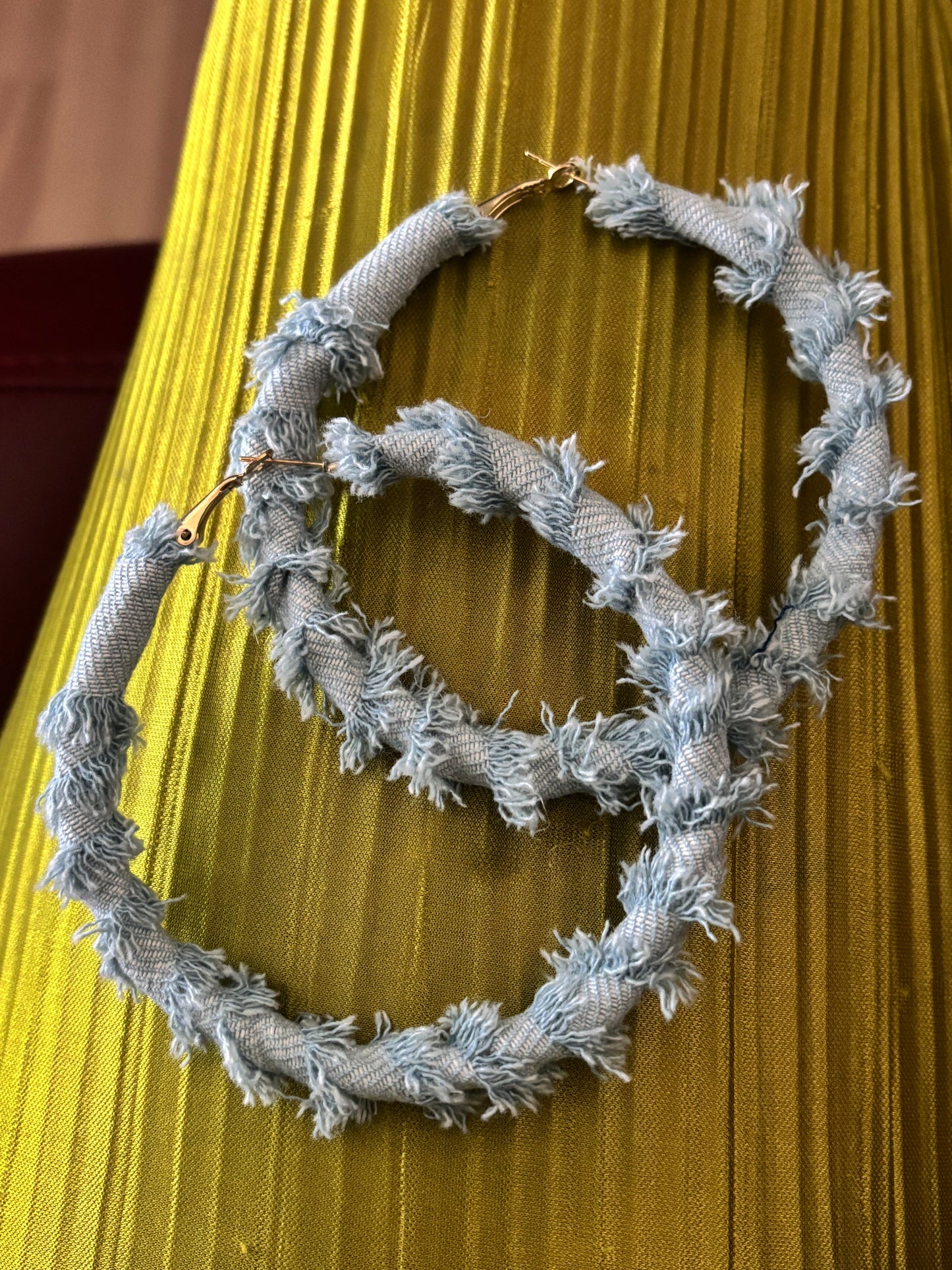 Light Wash Distressed Denim Hoop Earrings