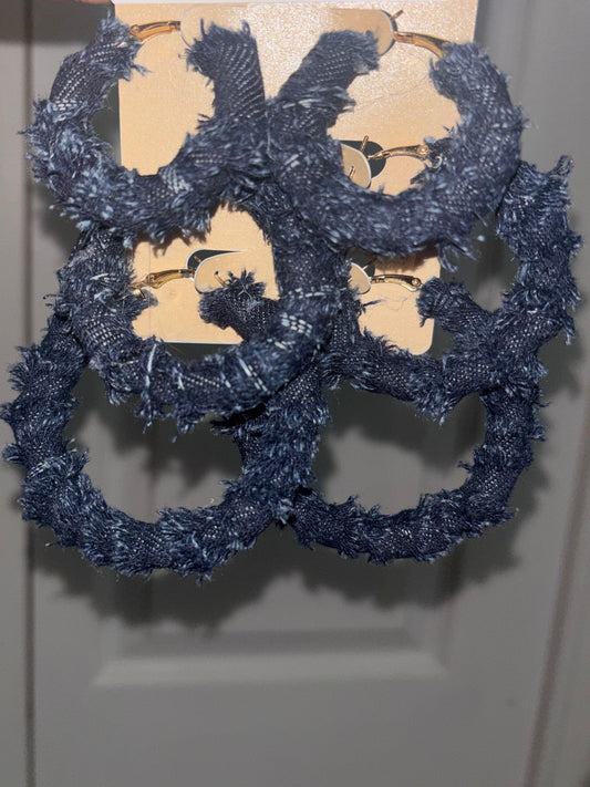 Dark-Wash Distressed Denim Hoop Earrings