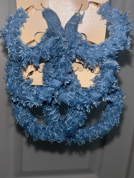Medium-Wash Distressed Denim Hoop Earrings