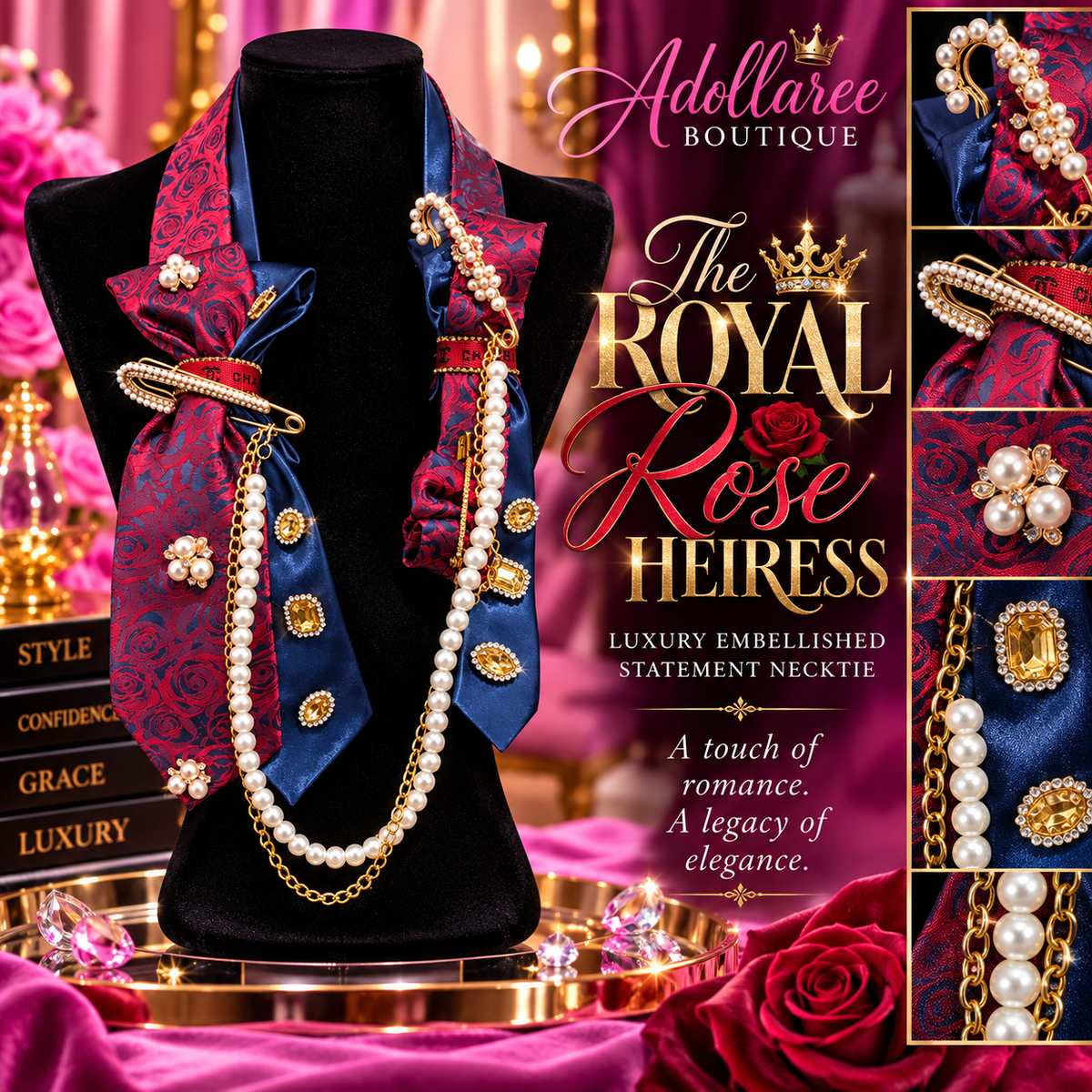 The Royal Rose Heiress | Luxury Embellished Statement Tie Necklace