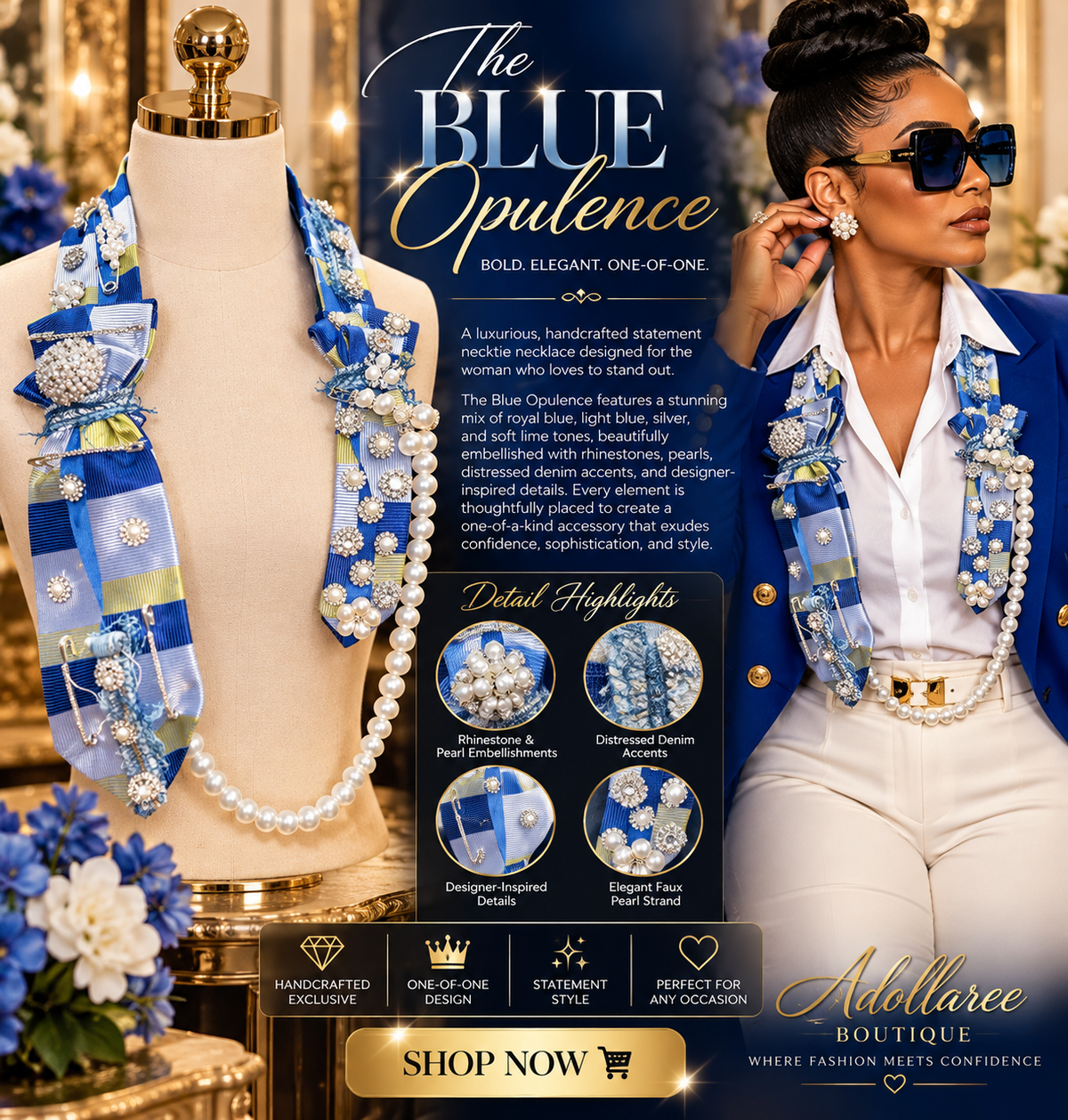 The Blue Opulence| One-of-One Luxury Embellished Statement Necktie Necklace