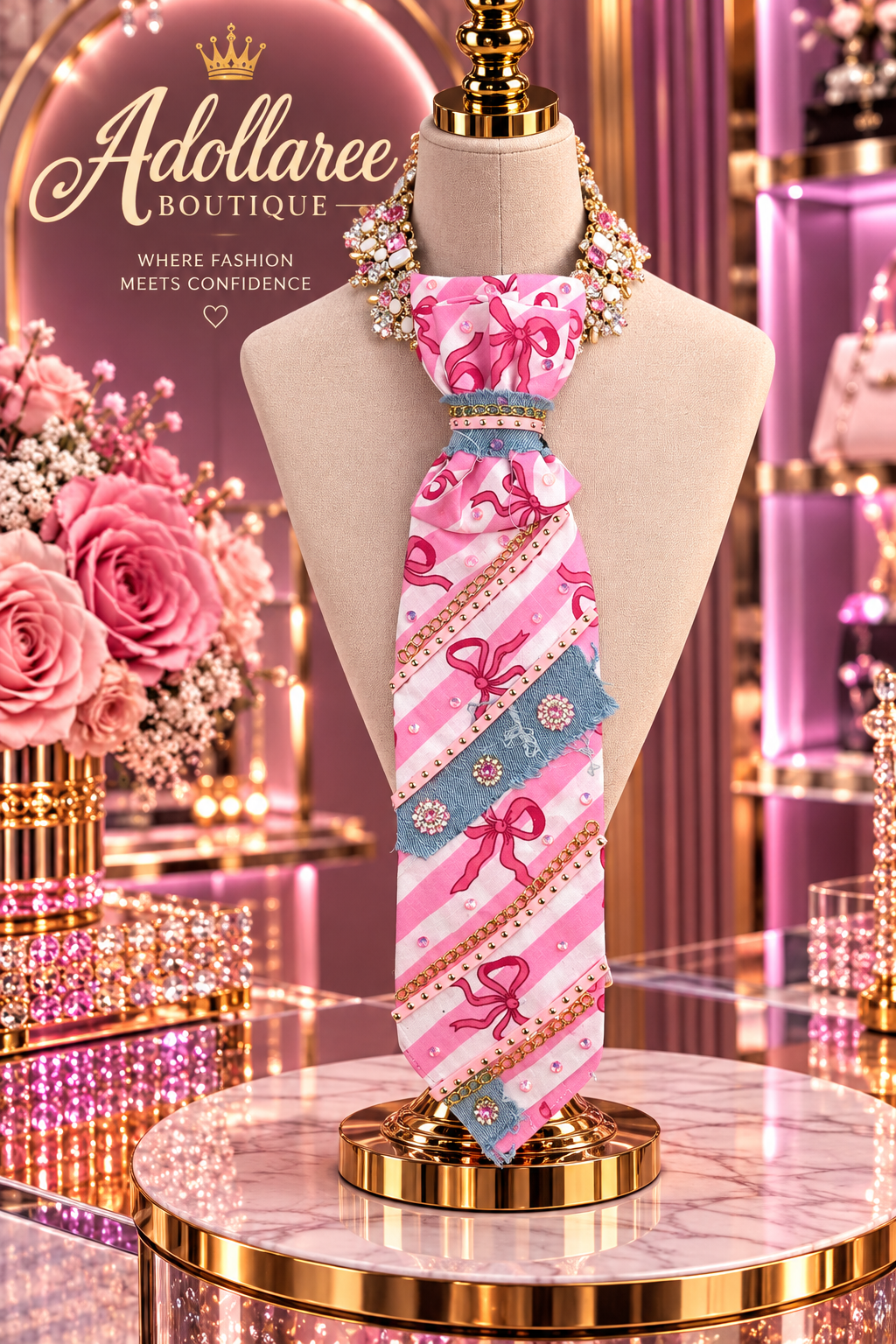 Pink Ribbon & Denim Glam Statement Tie
