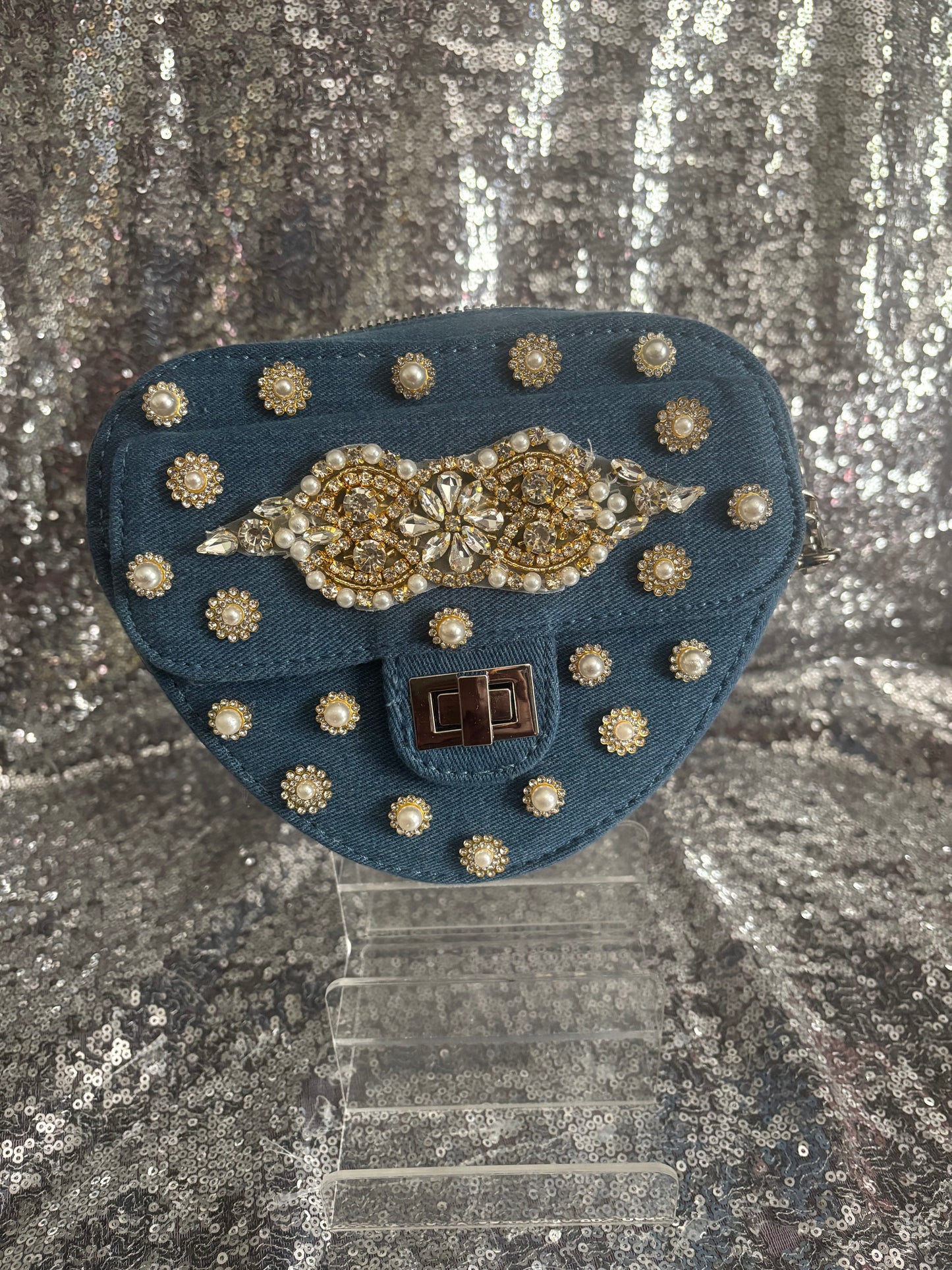 Heart of Glam Denim Crossbody Bag – Gold Edition