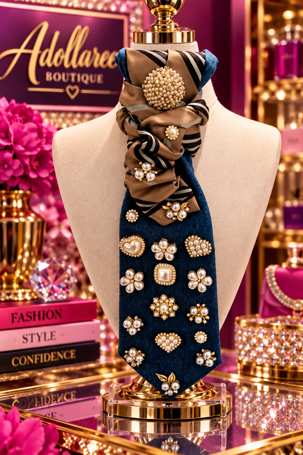 Pearl Heiress — Denim & Satin Statement Tie