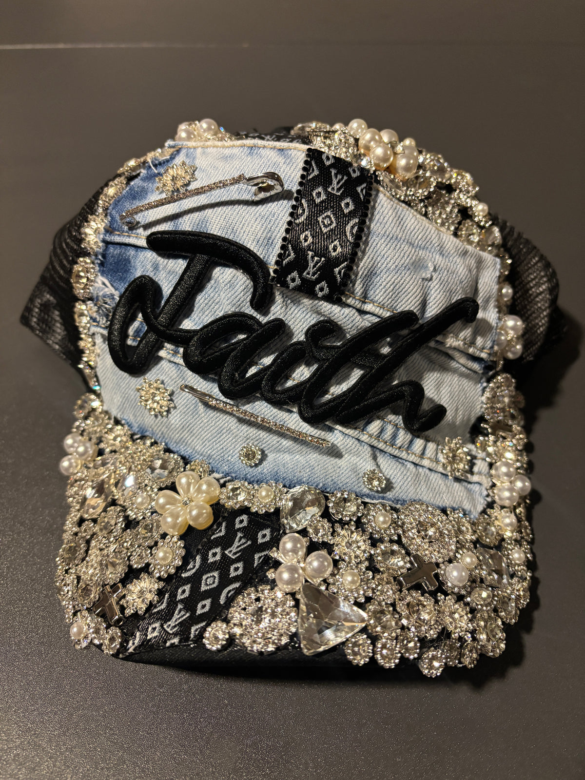 Faith Luxe Denim & Pearl Trucker Hat