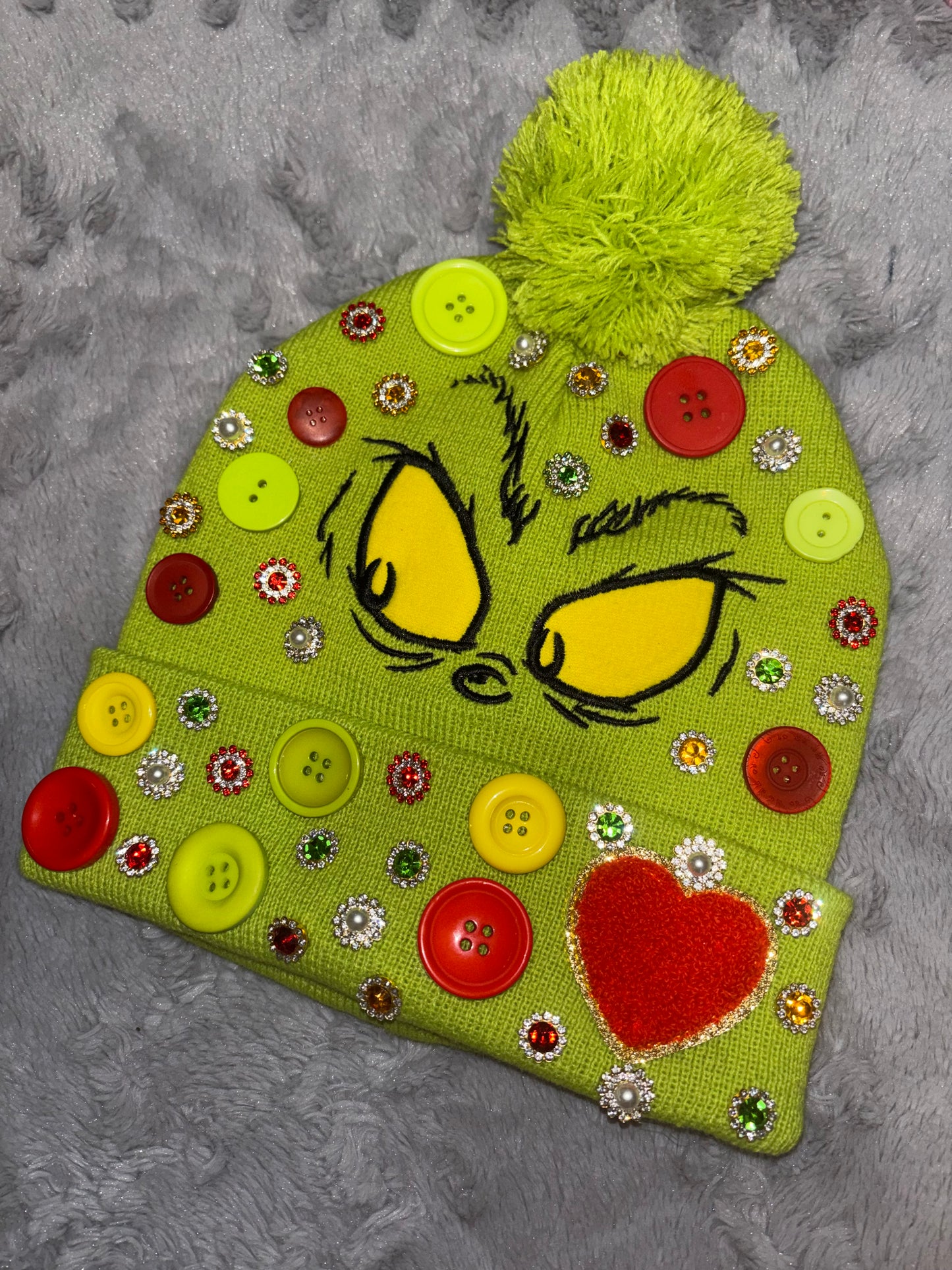 Mean Green Sweetheart Pom Beanie – Gilded Halo Button Confetti (Heart Patch Edition)