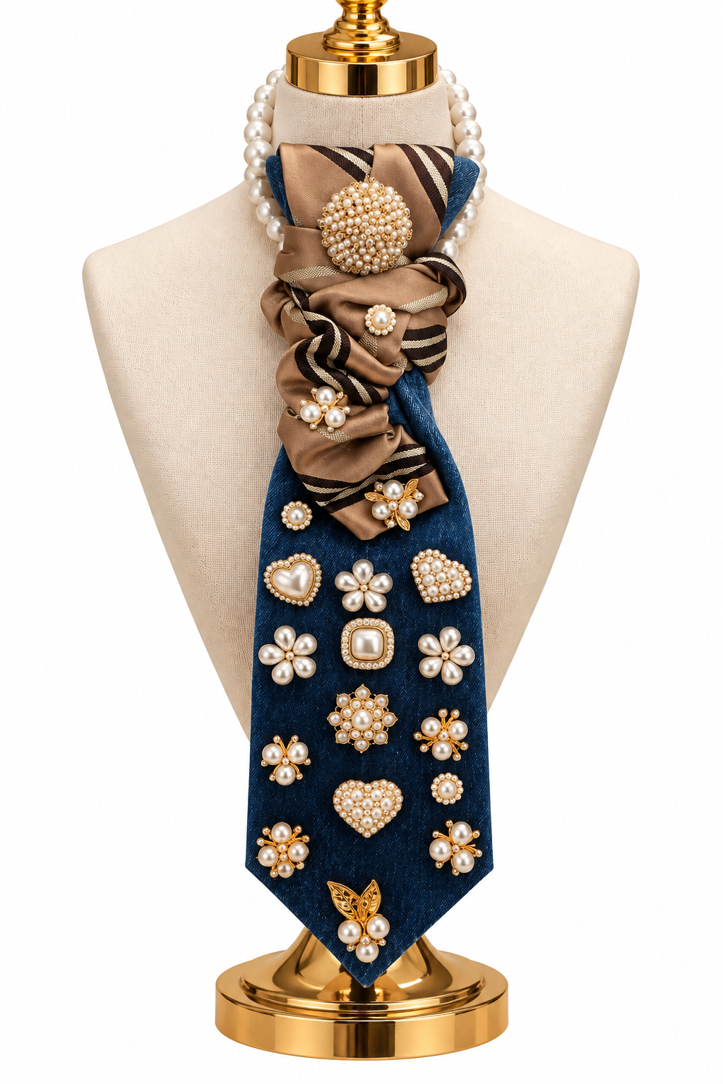 Pearl Heiress — Denim & Satin Statement Tie