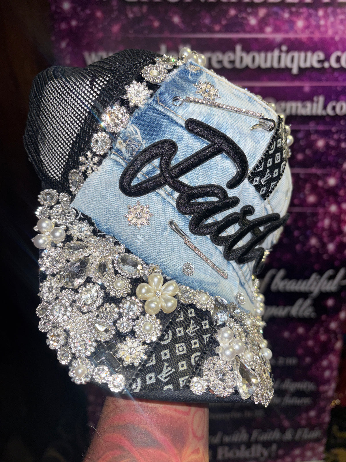 Faith Luxe Denim & Pearl Trucker Hat