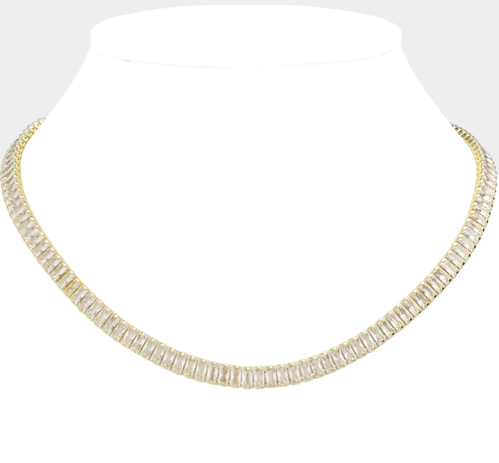 Stainless Steel Emerald Cut CZ Stone Tennis Chain Necklace