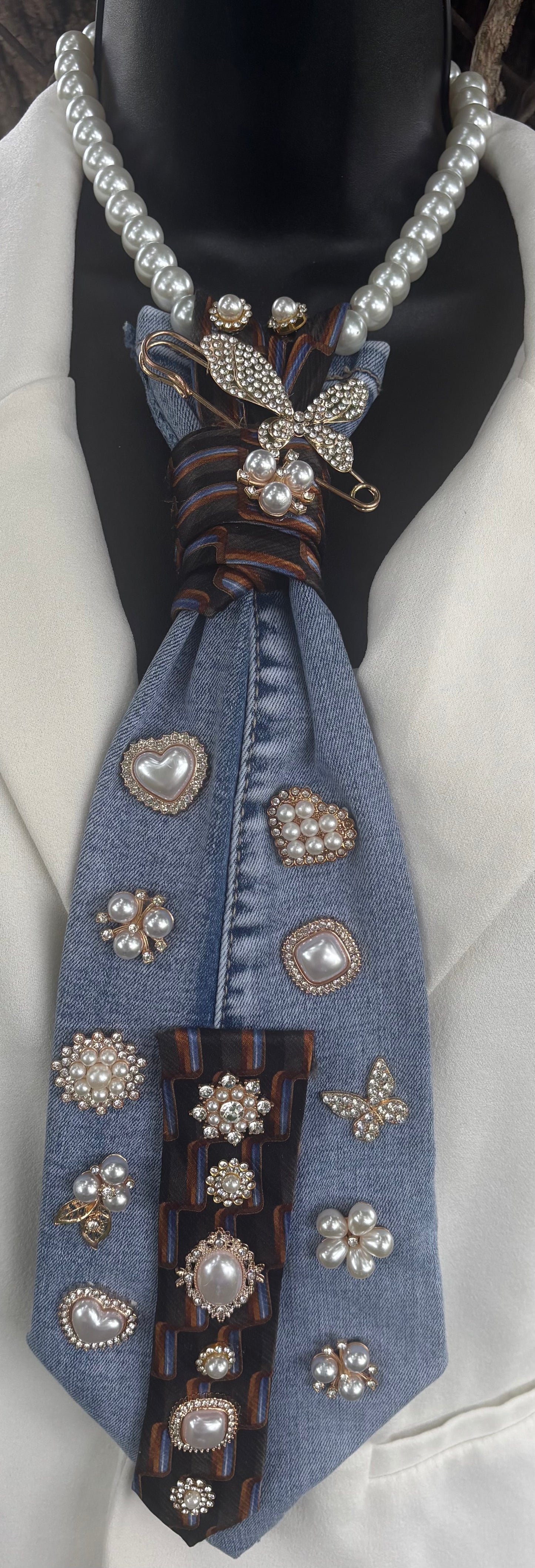 Pearl Hearts Layered Denim Statement Tie