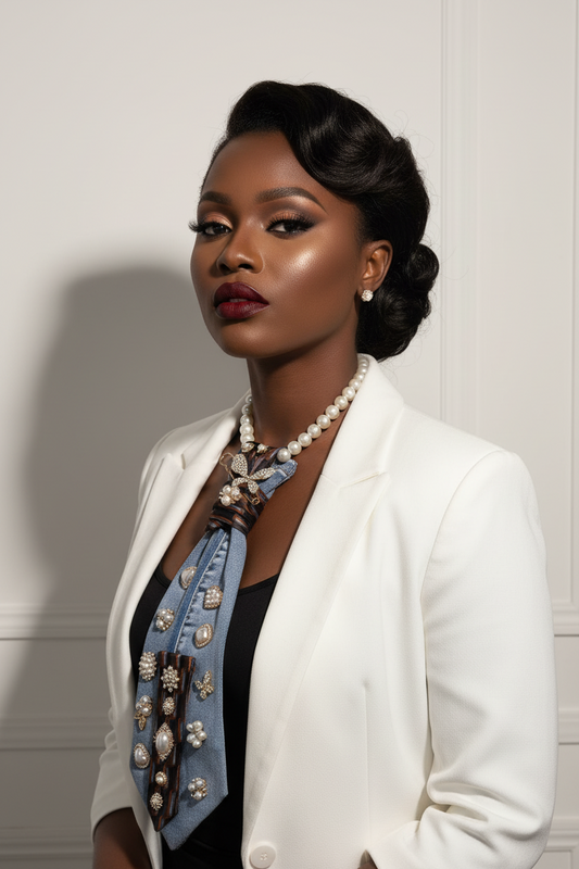 Pearl Hearts Layered Denim Statement Tie