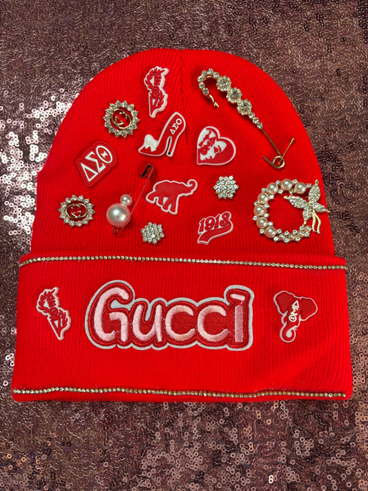 Red Luxe Gem & Patch Beanie – Elephant & Shield Accents