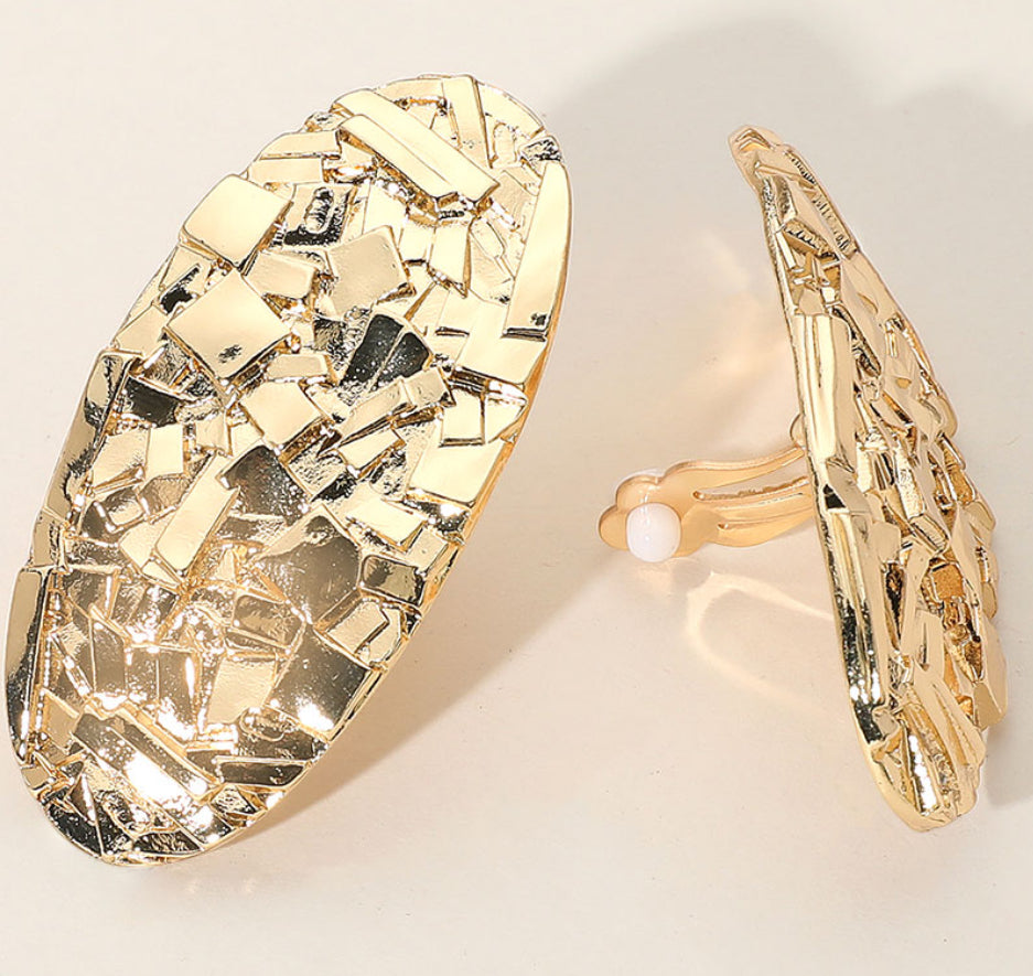 Textured Metal Long Oval Clip On Earrings