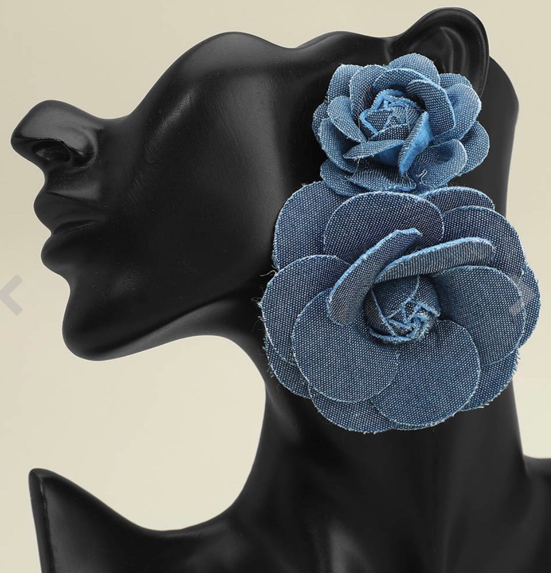Denim Dynasty Bloom – Oversized Luxe Statement Earrings