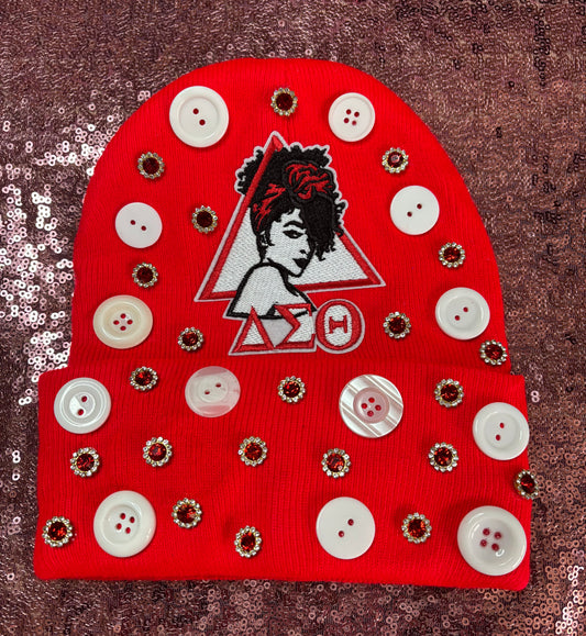 Red Couture Button & Rhinestone Beanie