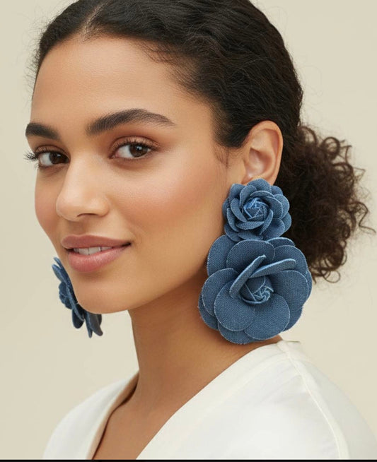 Denim Dynasty Bloom – Oversized Luxe Statement Earrings