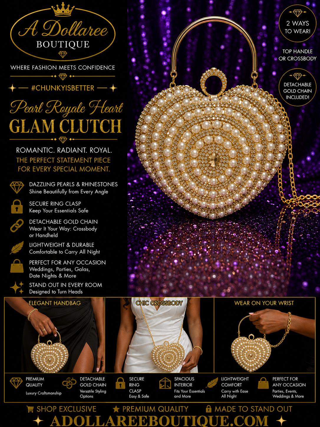 Pearl Royale Heart Glam Clutch