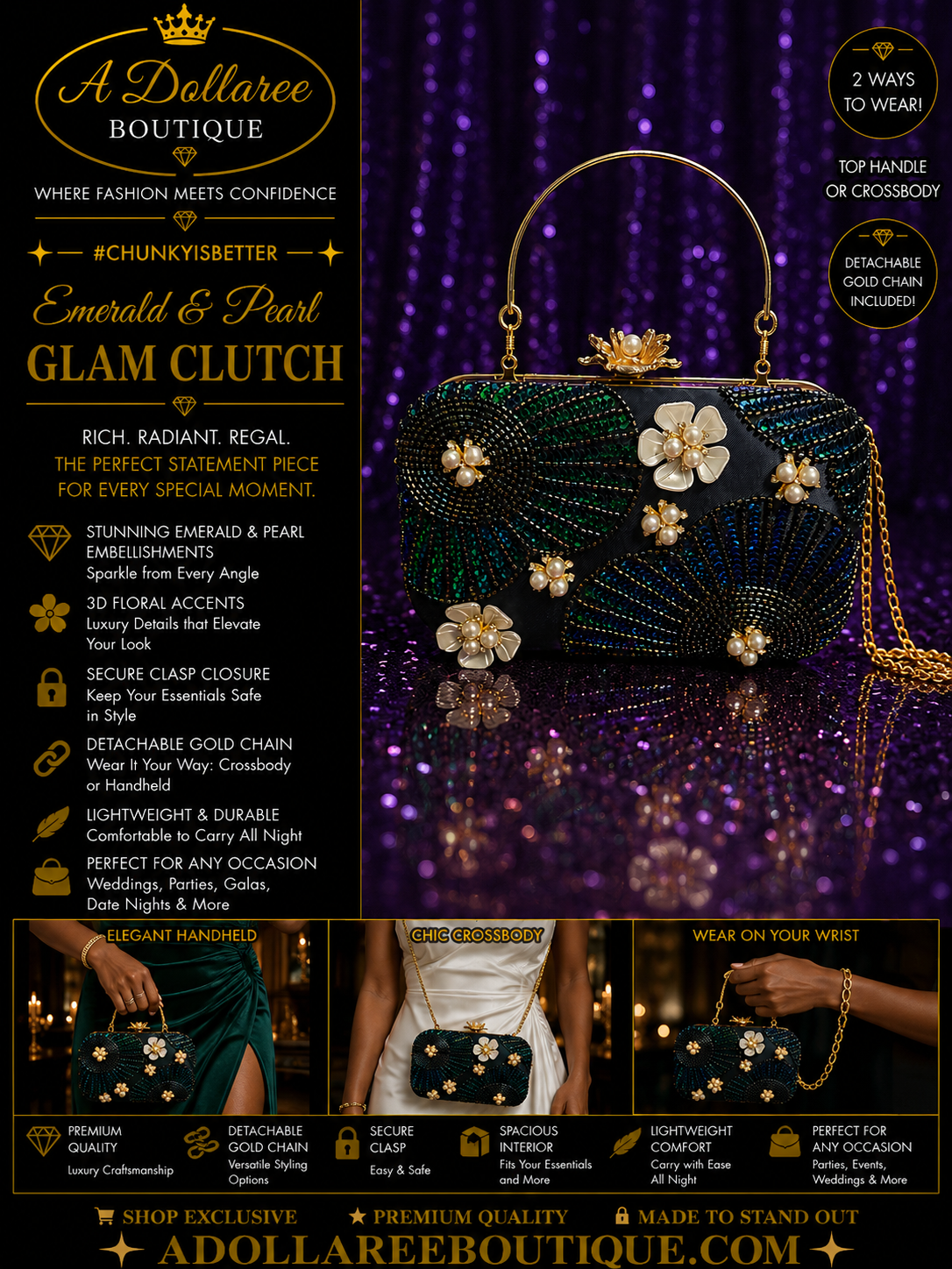 Emerald & Pearl Glam Clutch