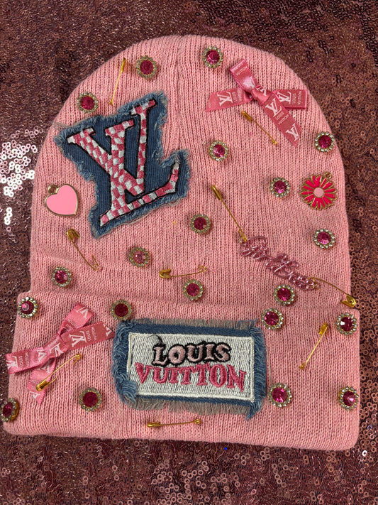 Pink Couture Bow & Gemstone Beanie – Patchwork Accent