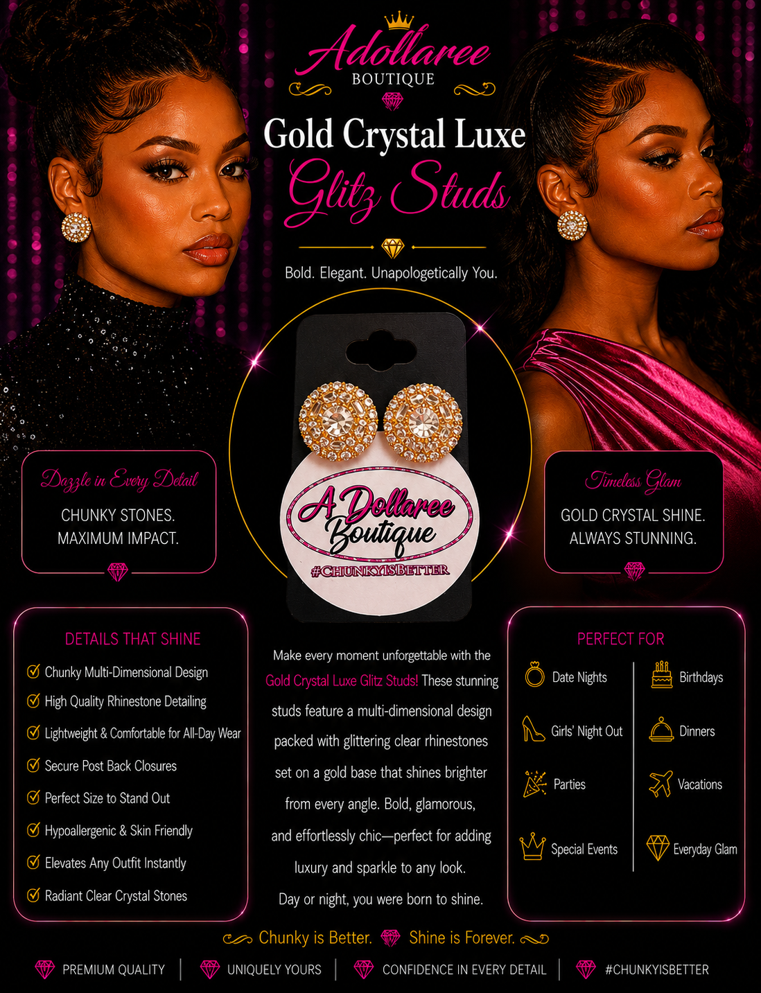 Gold Crystal Luxe Glitz Studs