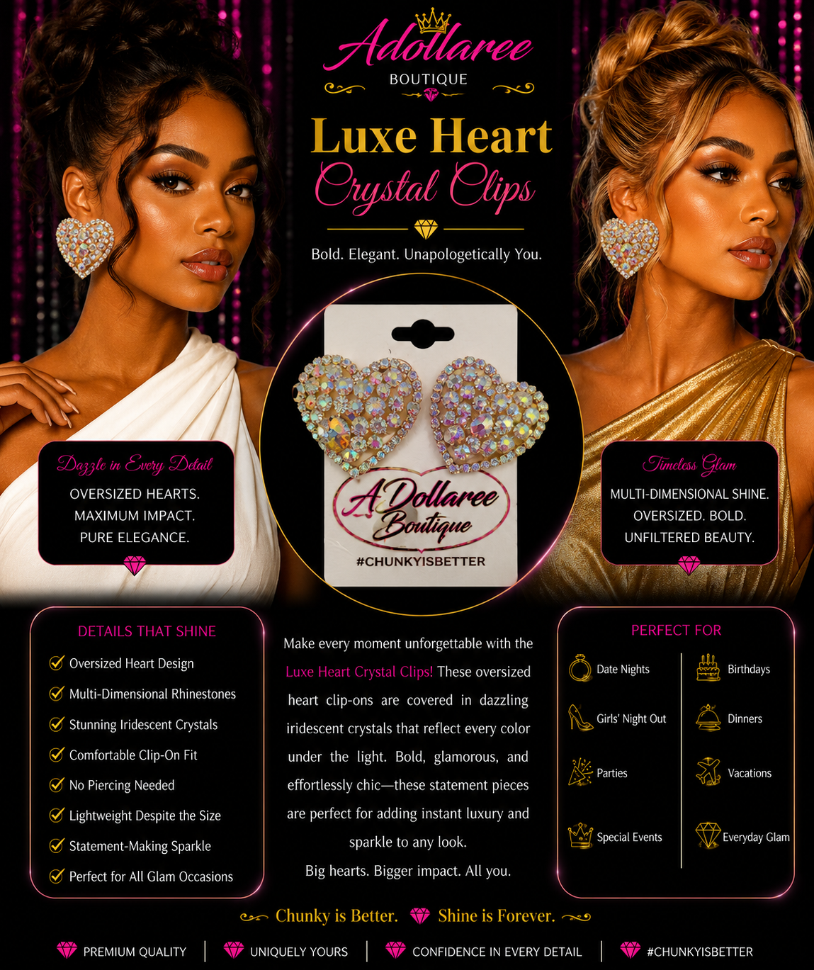 Luxe Heart Crystal Clips