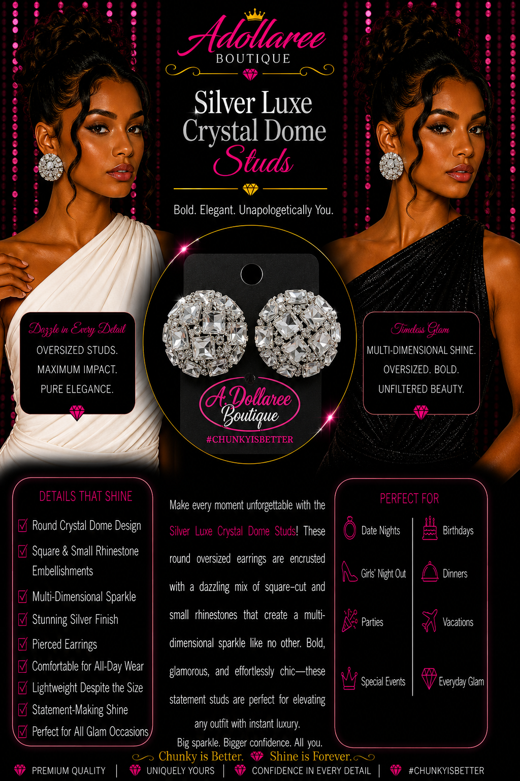 Silver Luxe Crystal Dome Studs