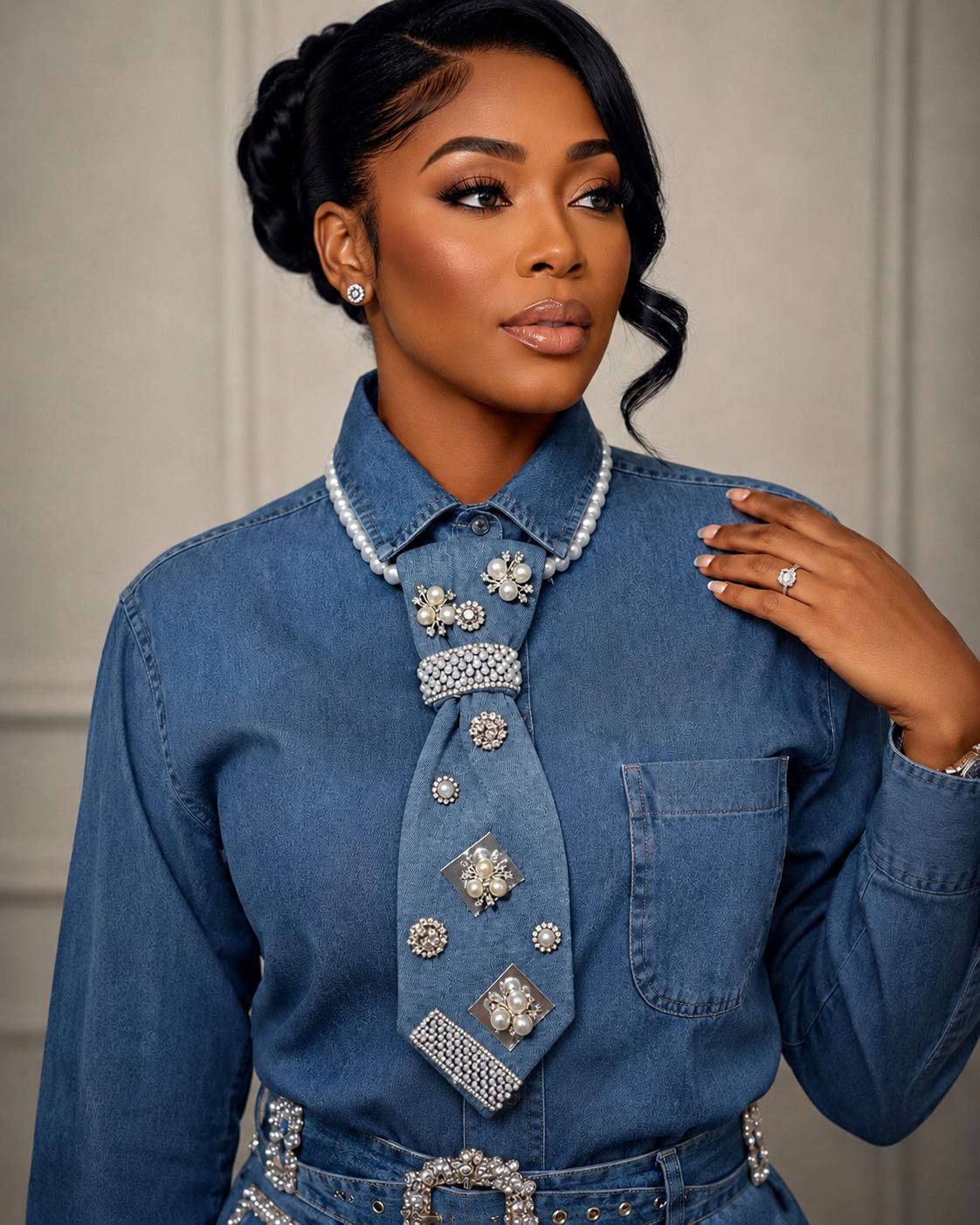 Pearl Geometry Denim Statement Tie