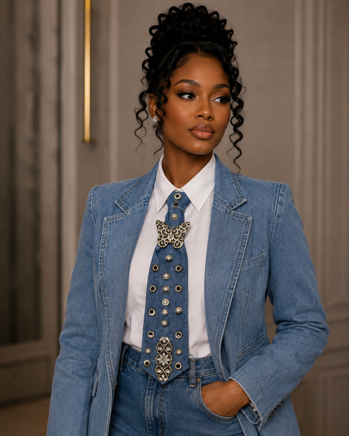Golden Butterfly Denim Statement Tie