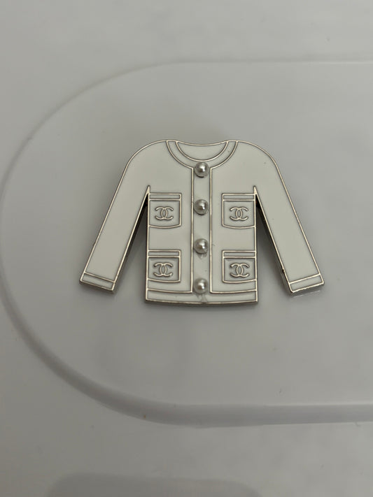 Couture-Inspired White Jacket Brooch – Pearl Button Accent