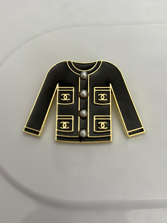 Black Enamel Jacket Brooch – Chanel Inspired with Pearl Detail