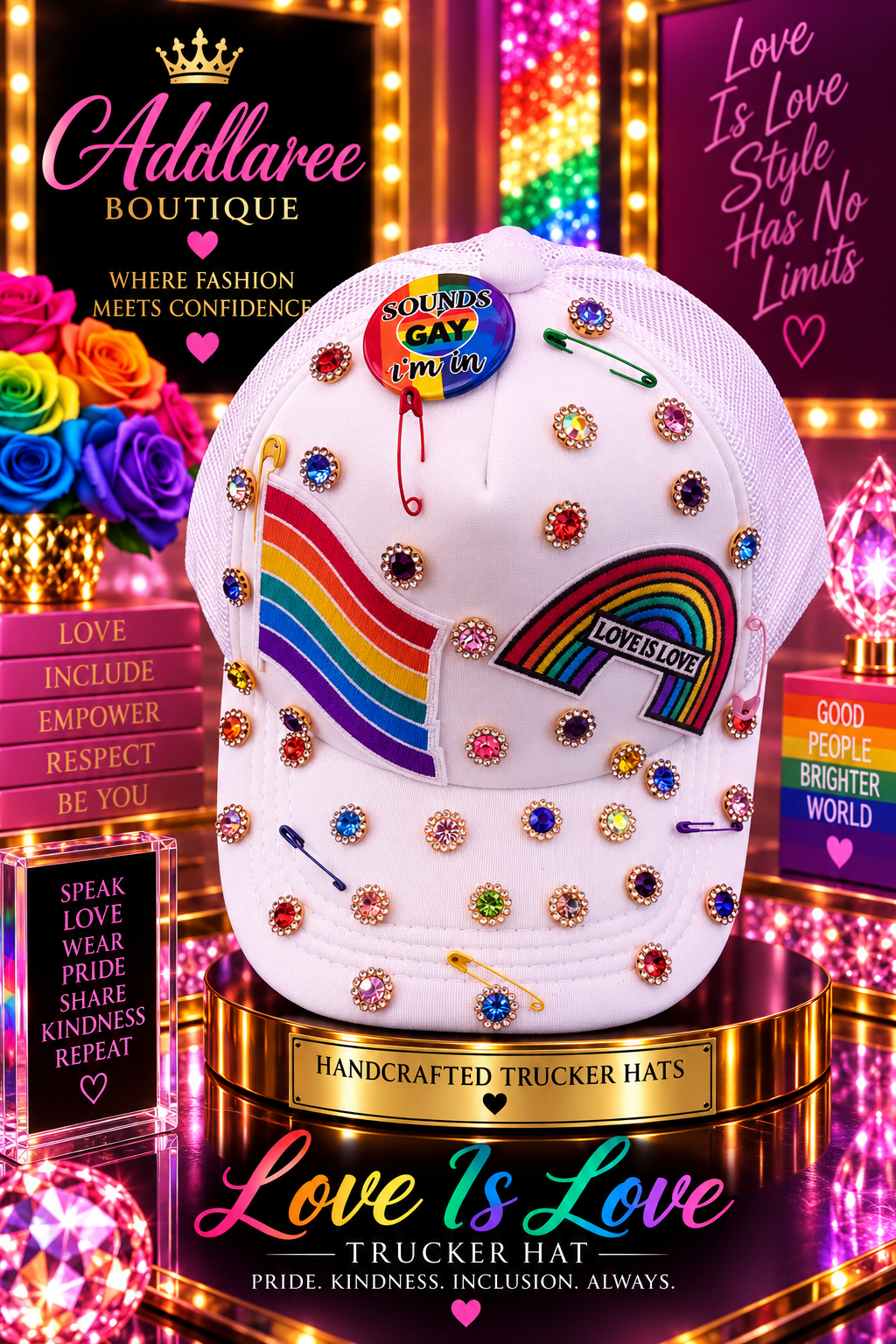 Rainbow Reign – Love Is Love Bling Trucker Hat